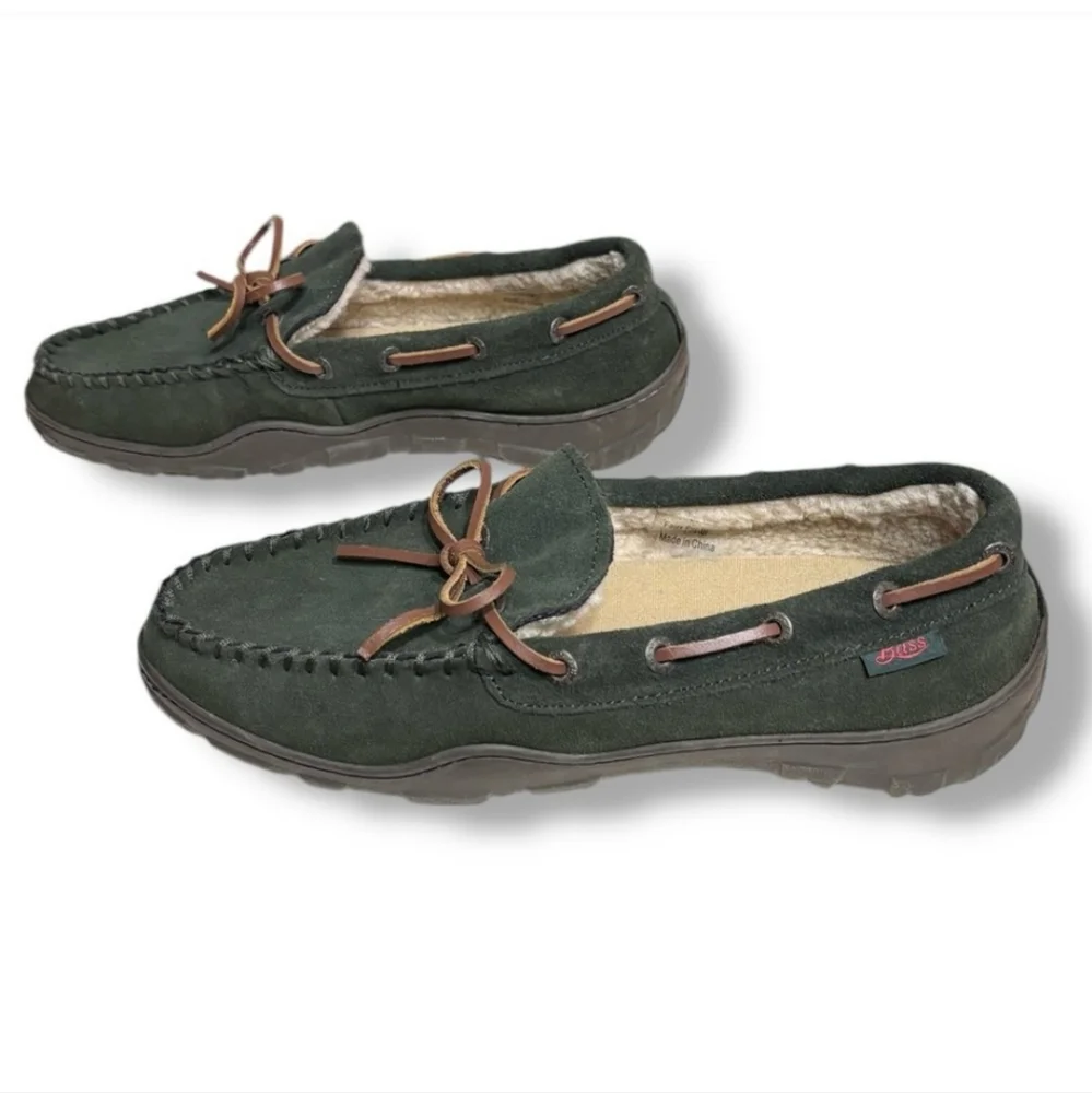 G.H. BASS Green Suede Moccasin Shoes Faux Shearling Lining
